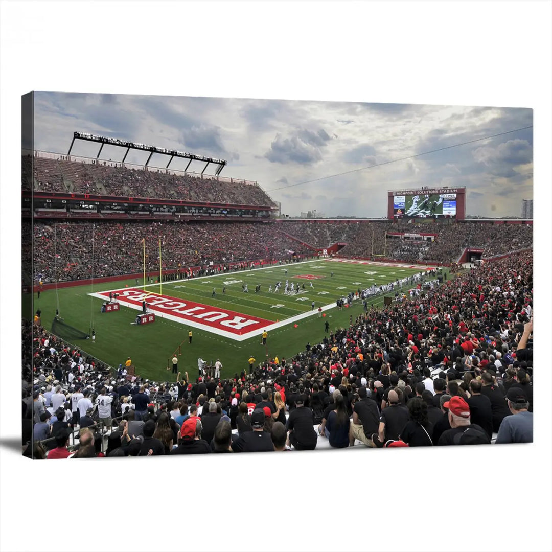 The elegant dining area features a large Rutgers Scarlet Knights Football Team print of SHI Stadium, Piscataway on the wall, boasting a gallery-quality finish.