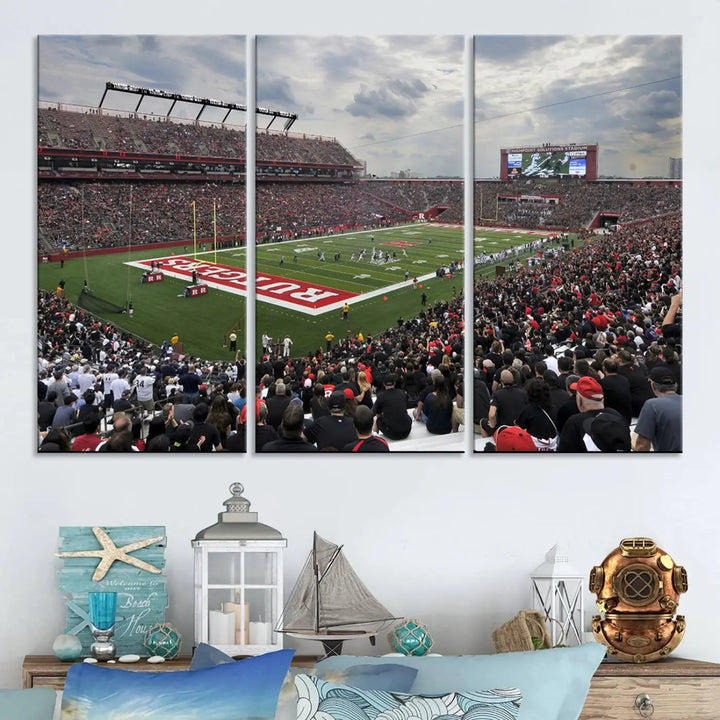 The elegant dining area features a large Rutgers Scarlet Knights Football Team print of SHI Stadium, Piscataway on the wall, boasting a gallery-quality finish.