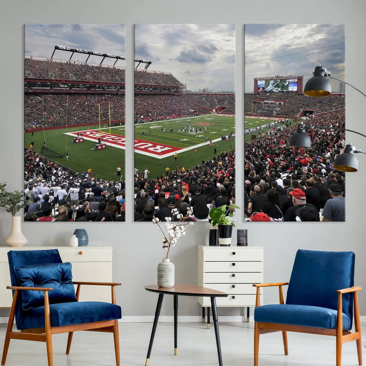 The elegant dining area features a large Rutgers Scarlet Knights Football Team print of SHI Stadium, Piscataway on the wall, boasting a gallery-quality finish.