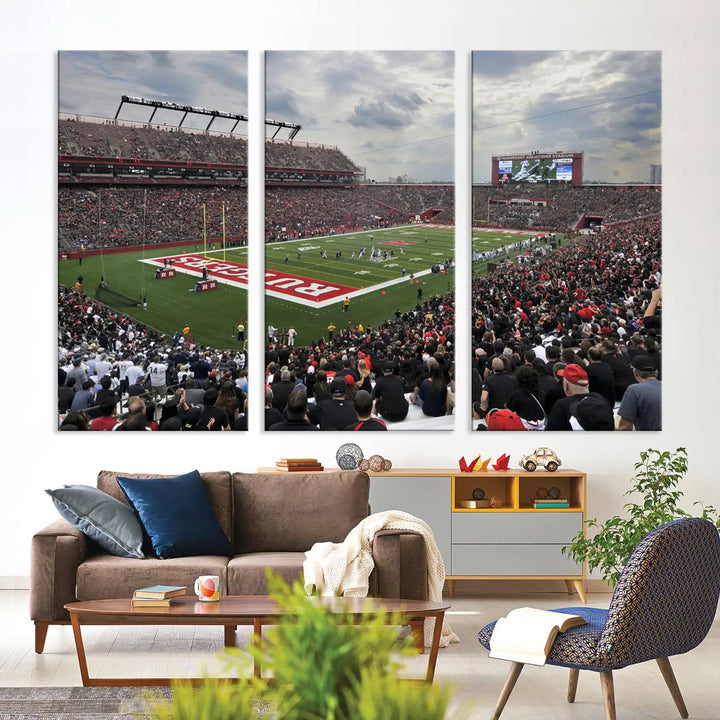 The elegant dining area features a large Rutgers Scarlet Knights Football Team print of SHI Stadium, Piscataway on the wall, boasting a gallery-quality finish.