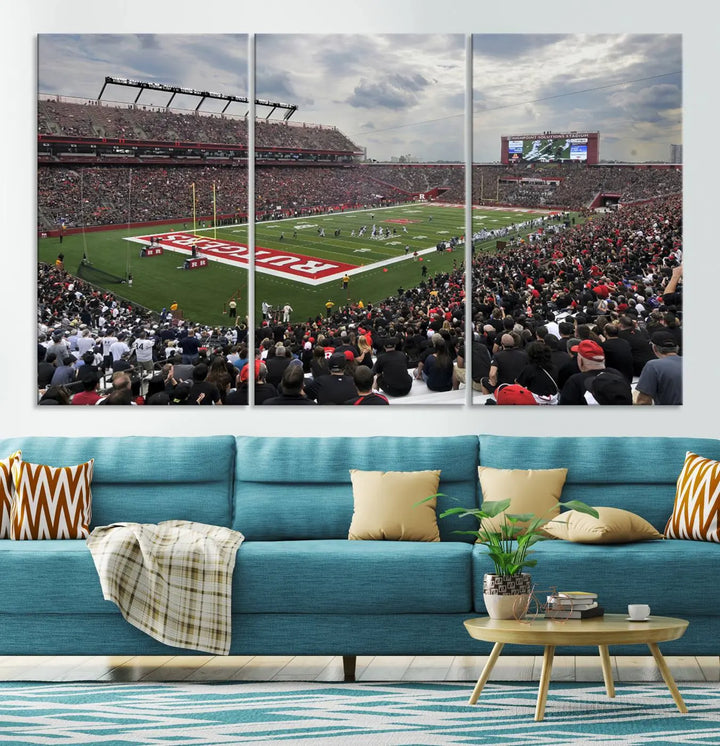 The elegant dining area features a large Rutgers Scarlet Knights Football Team print of SHI Stadium, Piscataway on the wall, boasting a gallery-quality finish.