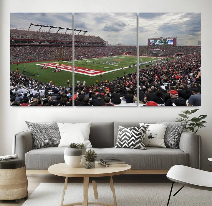 The elegant dining area features a large Rutgers Scarlet Knights Football Team print of SHI Stadium, Piscataway on the wall, boasting a gallery-quality finish.