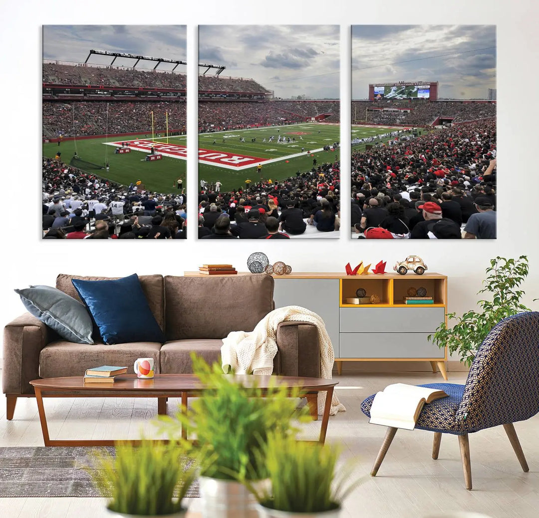 The elegant dining area features a large Rutgers Scarlet Knights Football Team print of SHI Stadium, Piscataway on the wall, boasting a gallery-quality finish.