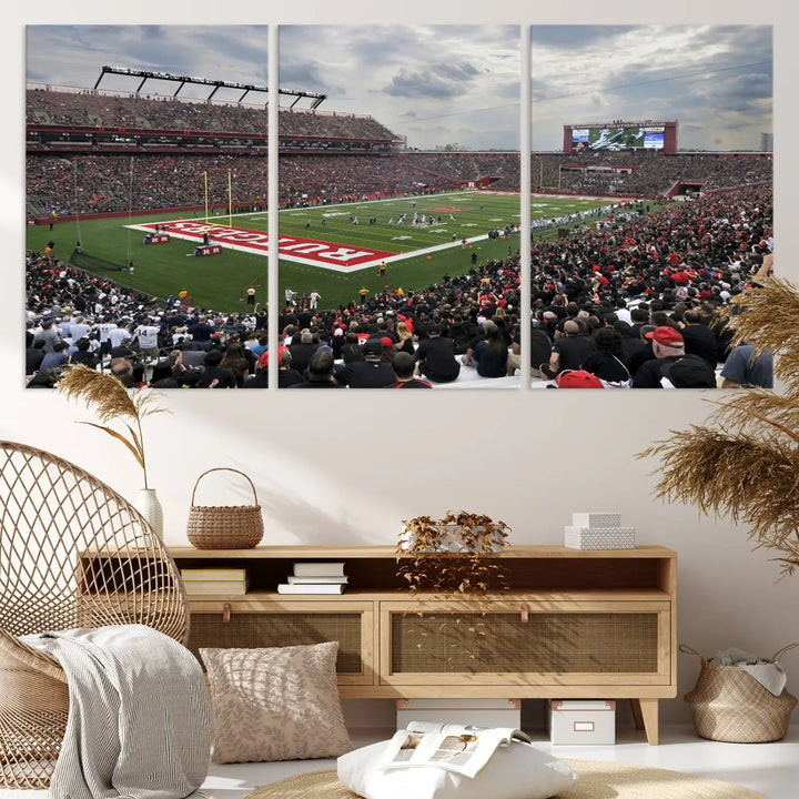 The elegant dining area features a large Rutgers Scarlet Knights Football Team print of SHI Stadium, Piscataway on the wall, boasting a gallery-quality finish.