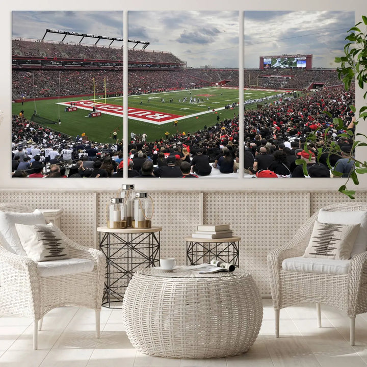 The elegant dining area features a large Rutgers Scarlet Knights Football Team print of SHI Stadium, Piscataway on the wall, boasting a gallery-quality finish.