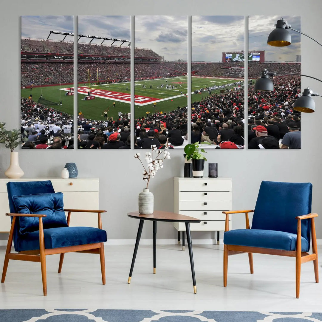 The elegant dining area features a large Rutgers Scarlet Knights Football Team print of SHI Stadium, Piscataway on the wall, boasting a gallery-quality finish.