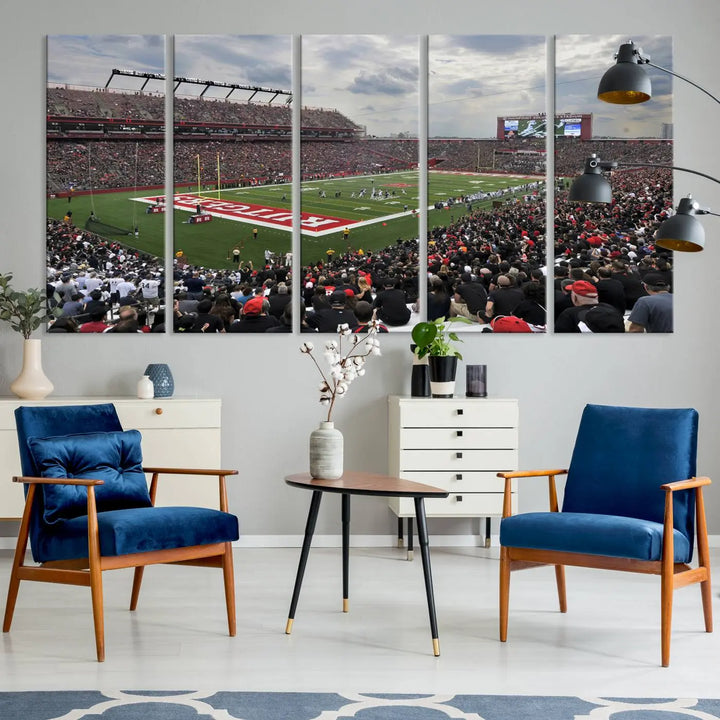 The elegant dining area features a large Rutgers Scarlet Knights Football Team print of SHI Stadium, Piscataway on the wall, boasting a gallery-quality finish.