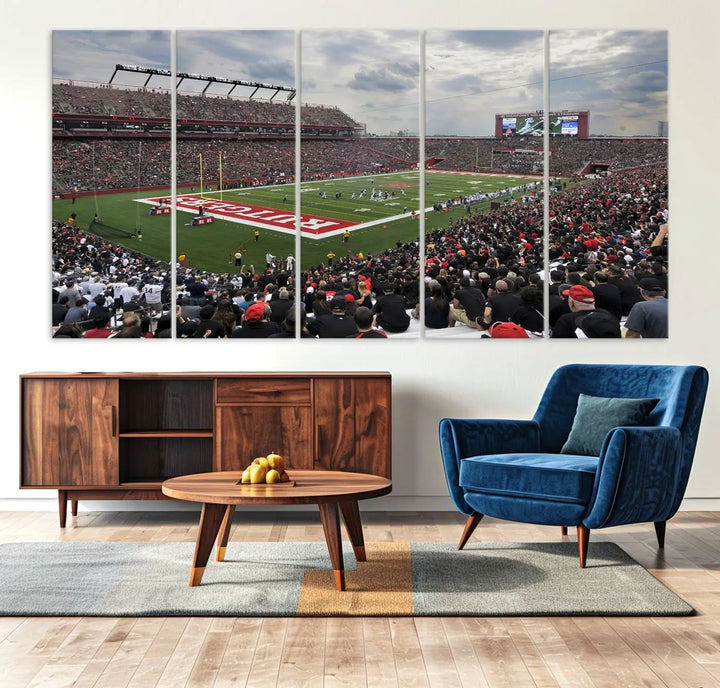 The elegant dining area features a large Rutgers Scarlet Knights Football Team print of SHI Stadium, Piscataway on the wall, boasting a gallery-quality finish.