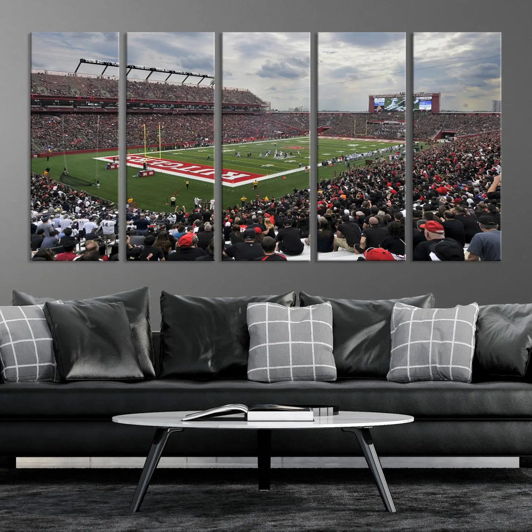 The elegant dining area features a large Rutgers Scarlet Knights Football Team print of SHI Stadium, Piscataway on the wall, boasting a gallery-quality finish.