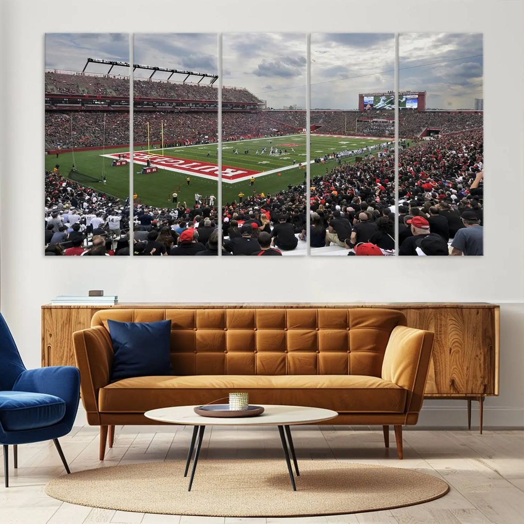 The elegant dining area features a large Rutgers Scarlet Knights Football Team print of SHI Stadium, Piscataway on the wall, boasting a gallery-quality finish.