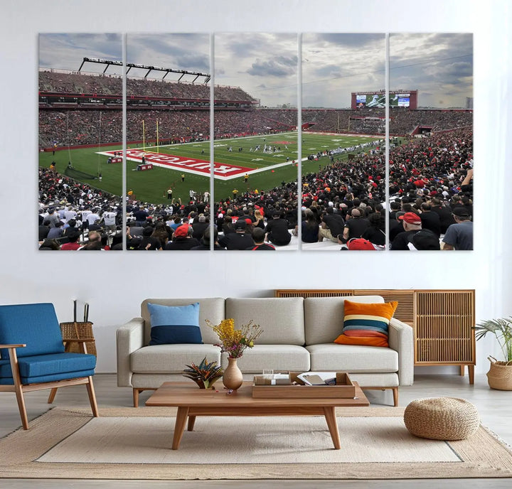 The elegant dining area features a large Rutgers Scarlet Knights Football Team print of SHI Stadium, Piscataway on the wall, boasting a gallery-quality finish.