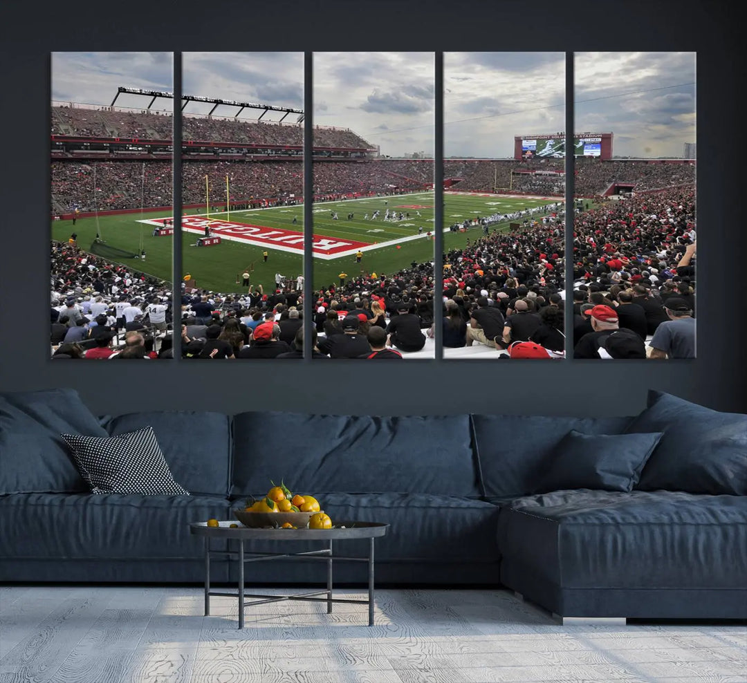 The elegant dining area features a large Rutgers Scarlet Knights Football Team print of SHI Stadium, Piscataway on the wall, boasting a gallery-quality finish.