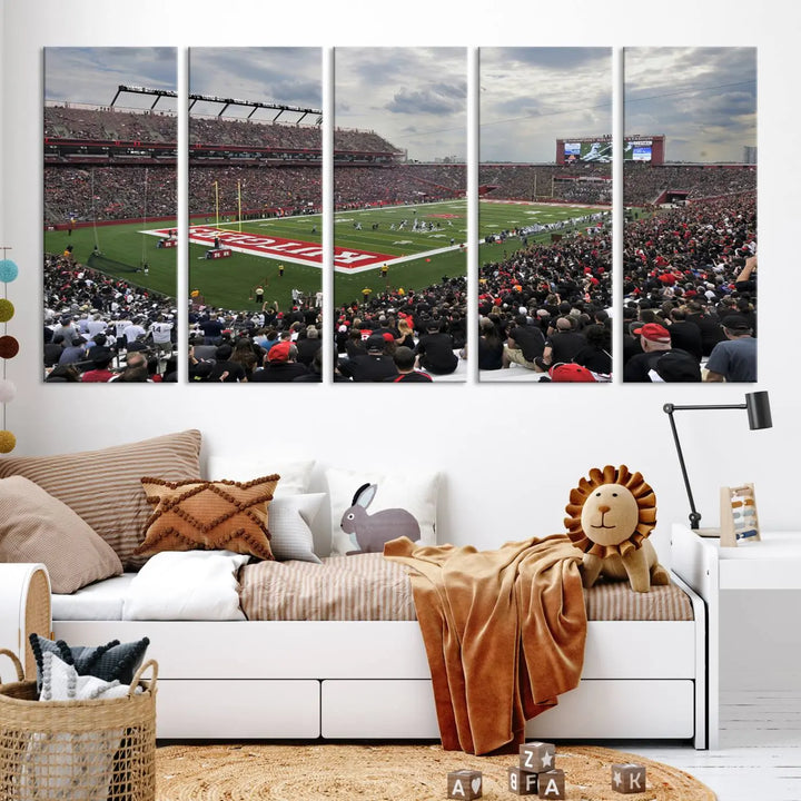 The elegant dining area features a large Rutgers Scarlet Knights Football Team print of SHI Stadium, Piscataway on the wall, boasting a gallery-quality finish.