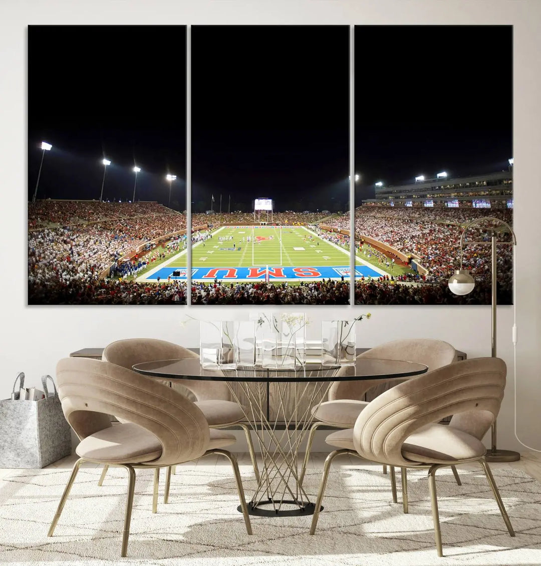 A depiction of the SMU Mustangs' Gerald J. Ford Stadium, presented on a premium canvas and handcrafted in the USA, illuminates the space.