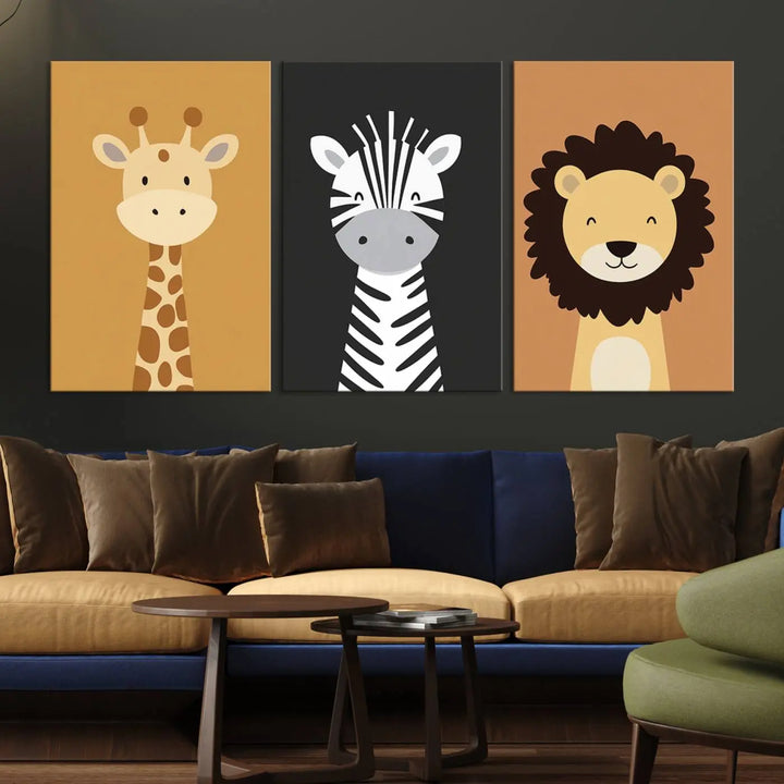 The chic living room is beautifully accented by the Safari Nursery Wall Art Prints, showcasing a giraffe, zebra, and lion. These prints effortlessly merge the flair of modern nurseries with boho jungle animal decor in earthy tones for a refreshing touch.