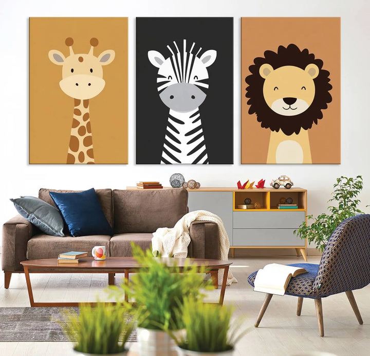 The chic living room is beautifully accented by the Safari Nursery Wall Art Prints, showcasing a giraffe, zebra, and lion. These prints effortlessly merge the flair of modern nurseries with boho jungle animal decor in earthy tones for a refreshing touch.