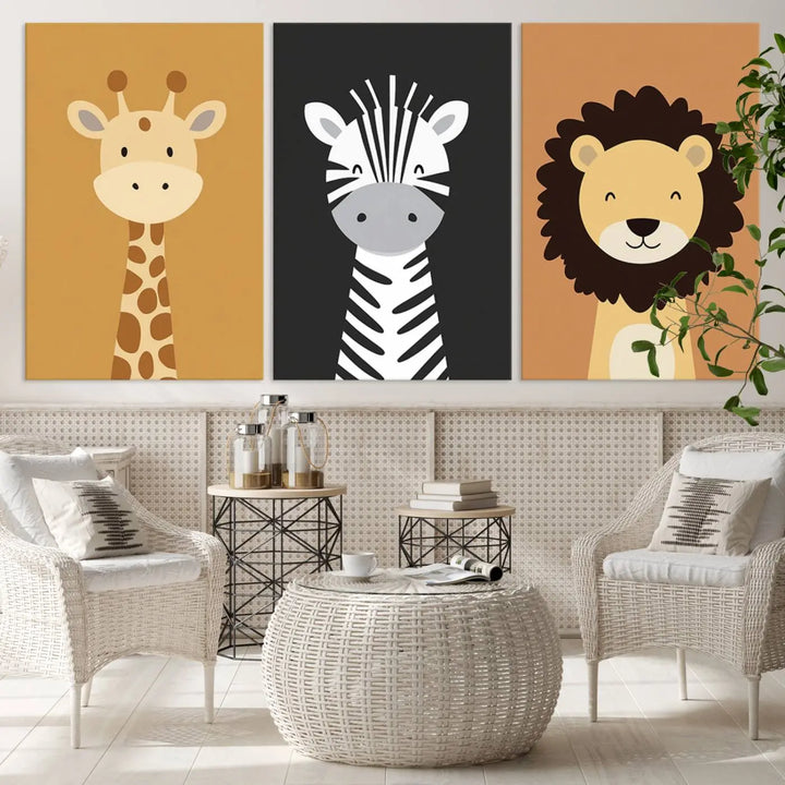 The chic living room is beautifully accented by the Safari Nursery Wall Art Prints, showcasing a giraffe, zebra, and lion. These prints effortlessly merge the flair of modern nurseries with boho jungle animal decor in earthy tones for a refreshing touch.