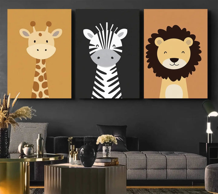 The chic living room is beautifully accented by the Safari Nursery Wall Art Prints, showcasing a giraffe, zebra, and lion. These prints effortlessly merge the flair of modern nurseries with boho jungle animal decor in earthy tones for a refreshing touch.