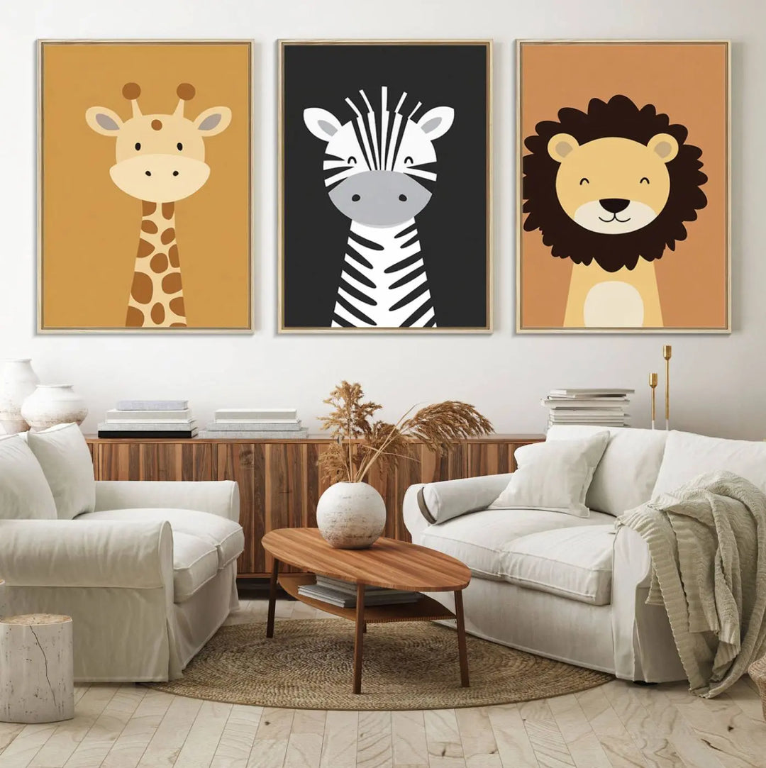 The chic living room is beautifully accented by the Safari Nursery Wall Art Prints, showcasing a giraffe, zebra, and lion. These prints effortlessly merge the flair of modern nurseries with boho jungle animal decor in earthy tones for a refreshing touch.