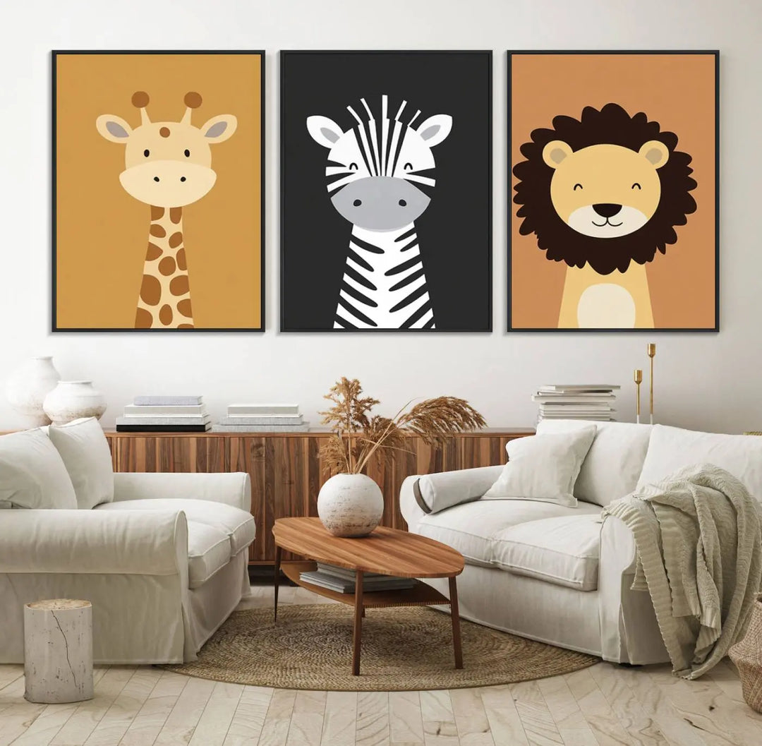 The chic living room is beautifully accented by the Safari Nursery Wall Art Prints, showcasing a giraffe, zebra, and lion. These prints effortlessly merge the flair of modern nurseries with boho jungle animal decor in earthy tones for a refreshing touch.