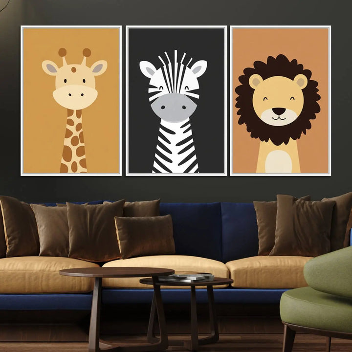 The chic living room is beautifully accented by the Safari Nursery Wall Art Prints, showcasing a giraffe, zebra, and lion. These prints effortlessly merge the flair of modern nurseries with boho jungle animal decor in earthy tones for a refreshing touch.