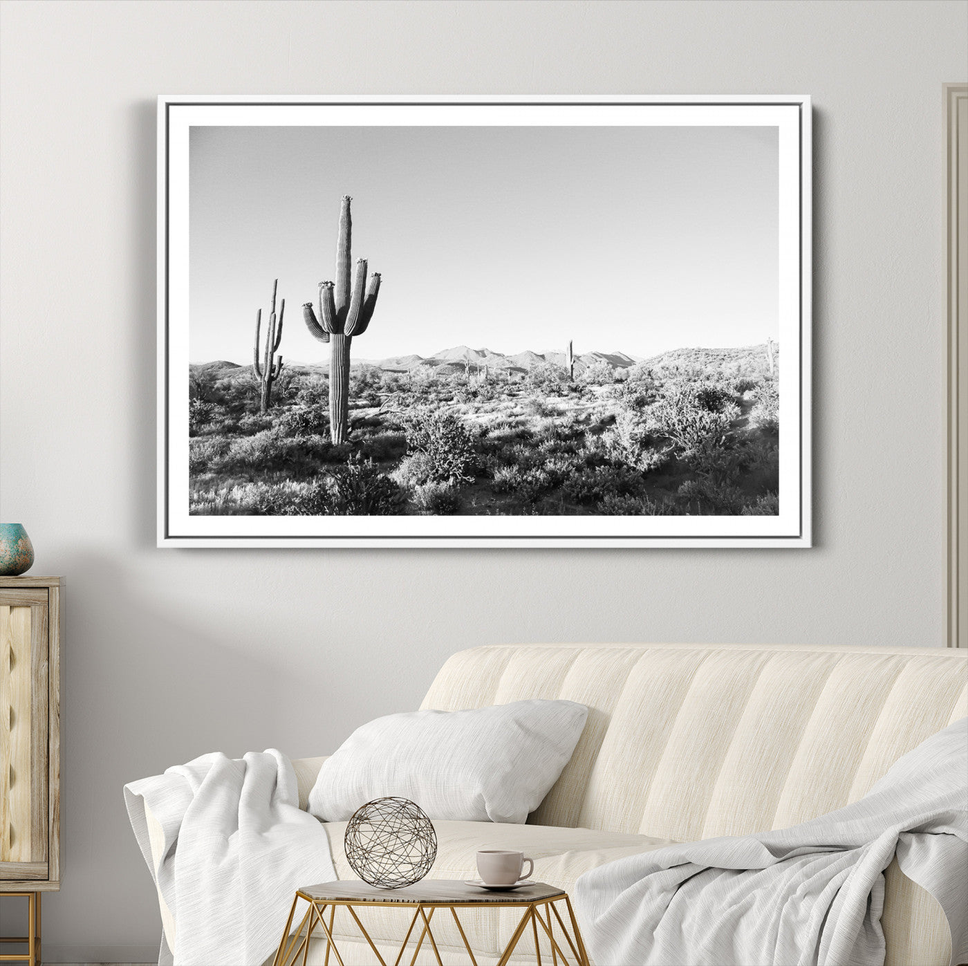 85205054-MGC-FP-36x24_White-Saguaro Cactus Canvas Print Wall Art , Monochrome Landscape Print, Framed Scenic Arizona Art Print, Large Timeless Western Aesthetic
