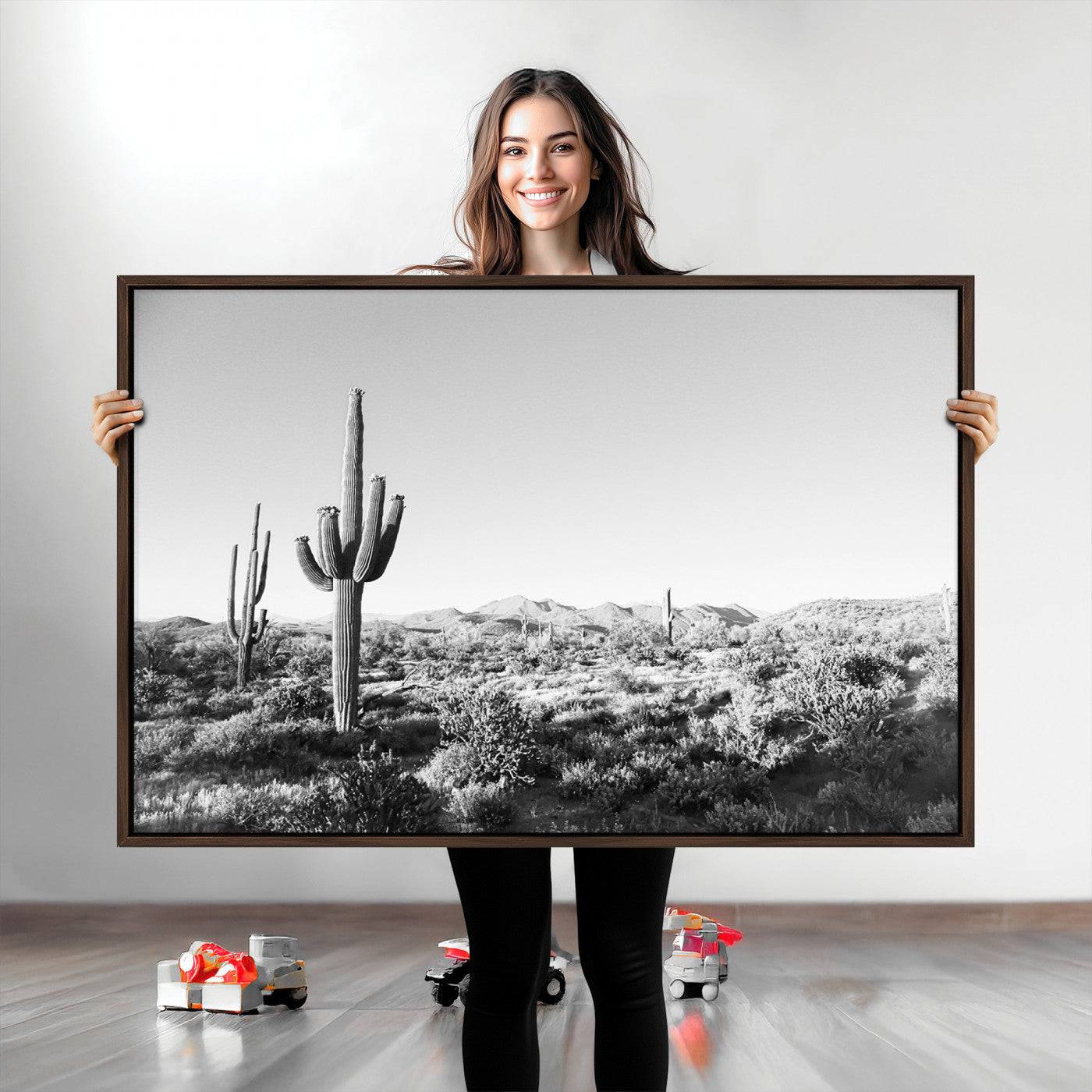 85205054-MGV-CV-36X24-Saguaro Cactus Canvas Print Wall Art , Monochrome Landscape Print, Framed Scenic Arizona Art Print, Large Timeless Western Aesthetic
