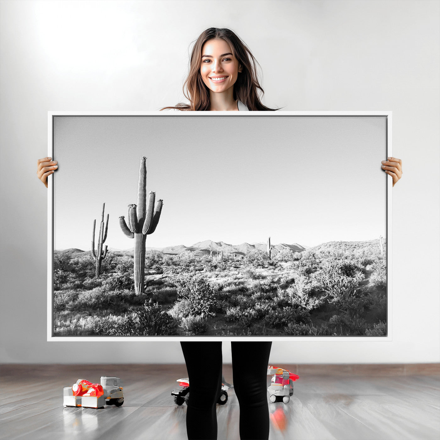 85205054-MGV-CV-36X24-Saguaro Cactus Canvas Print Wall Art , Monochrome Landscape Print, Framed Scenic Arizona Art Print, Large Timeless Western Aesthetic
