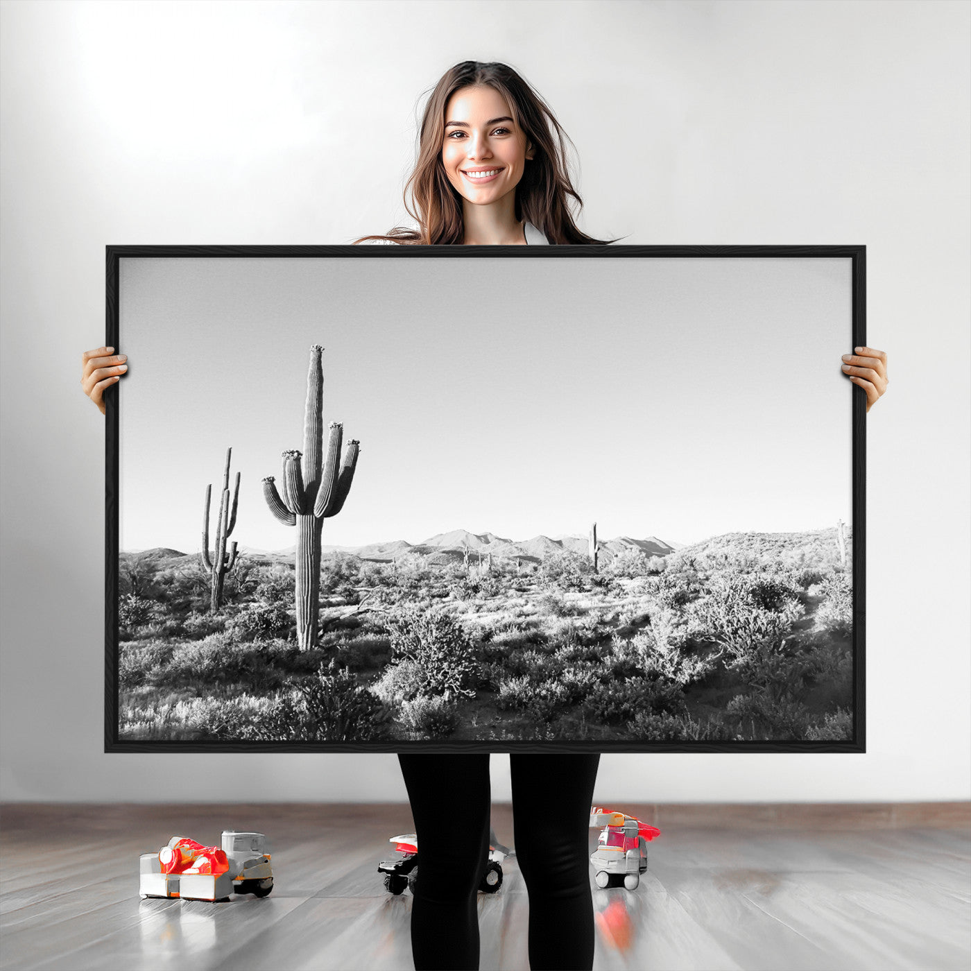 85205054-MGV-CV-36X24-Saguaro Cactus Canvas Print Wall Art , Monochrome Landscape Print, Framed Scenic Arizona Art Print, Large Timeless Western Aesthetic