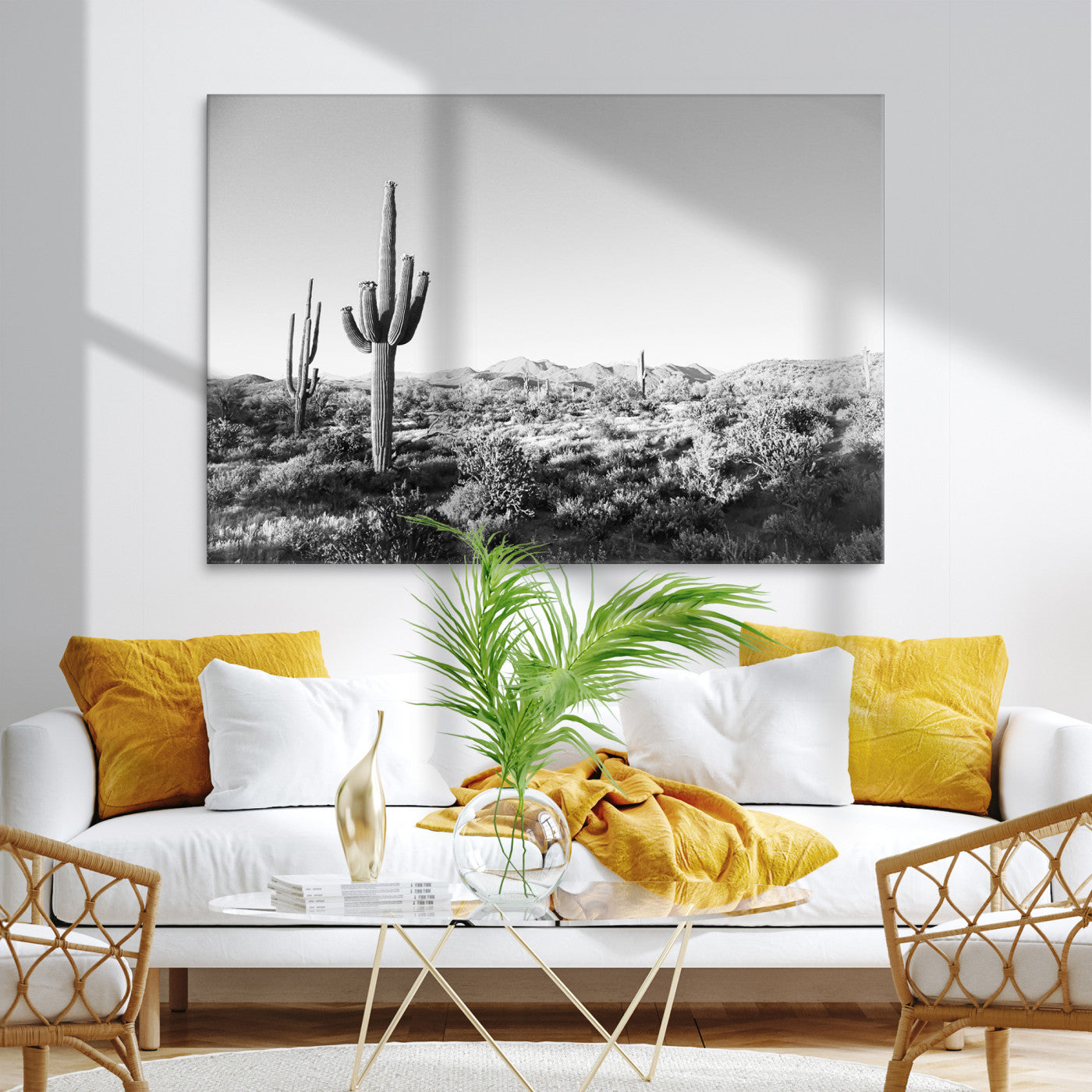 85205054-MGV-CV-36X24-Saguaro Cactus Canvas Print Wall Art , Monochrome Landscape Print, Framed Scenic Arizona Art Print, Large Timeless Western Aesthetic