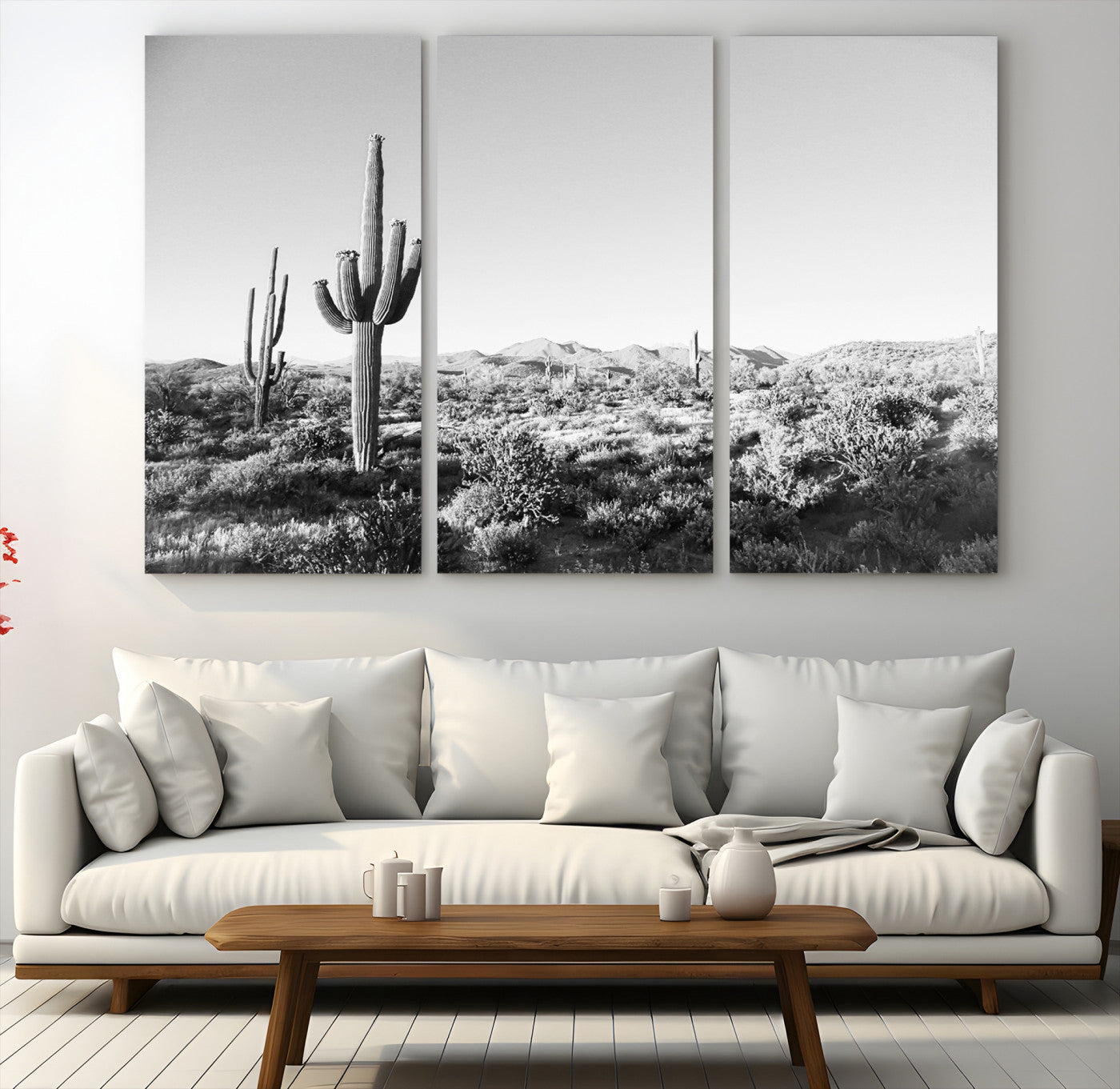 85205054-MGV-CV-48X32-3P-Saguaro Cactus Canvas Print Wall Art , Monochrome Landscape Print, Framed Scenic Arizona Art Print, Large Timeless Western Aesthetic