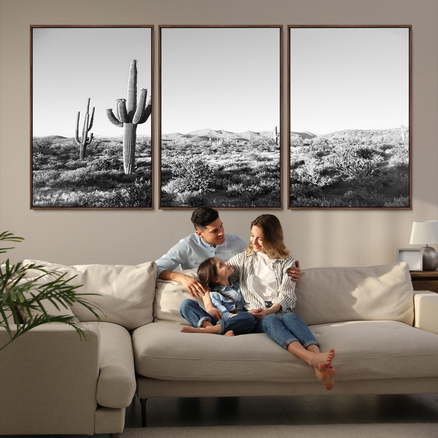 85205054-MGV-FC-60X30-3P_Walnut-Saguaro Cactus Canvas Print Wall Art , Monochrome Landscape Print, Framed Scenic Arizona Art Print, Large Timeless Western Aesthetic