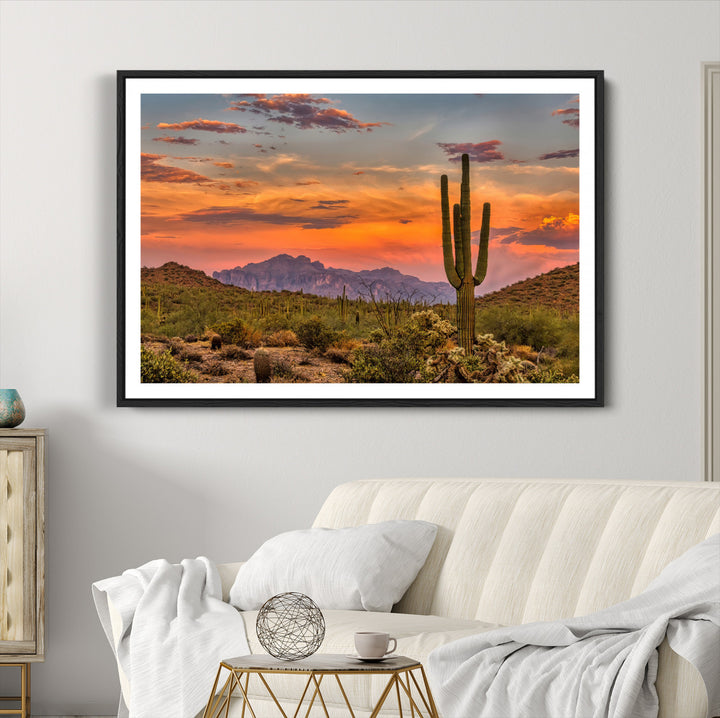 25332783-MGC-FP-36x24_Black-Saguaro Cactus Wall Art Canvas Print, Arizona Sunset Print, Framed Sonoran Desert Art Print, Large Vibrant Landscape Printing