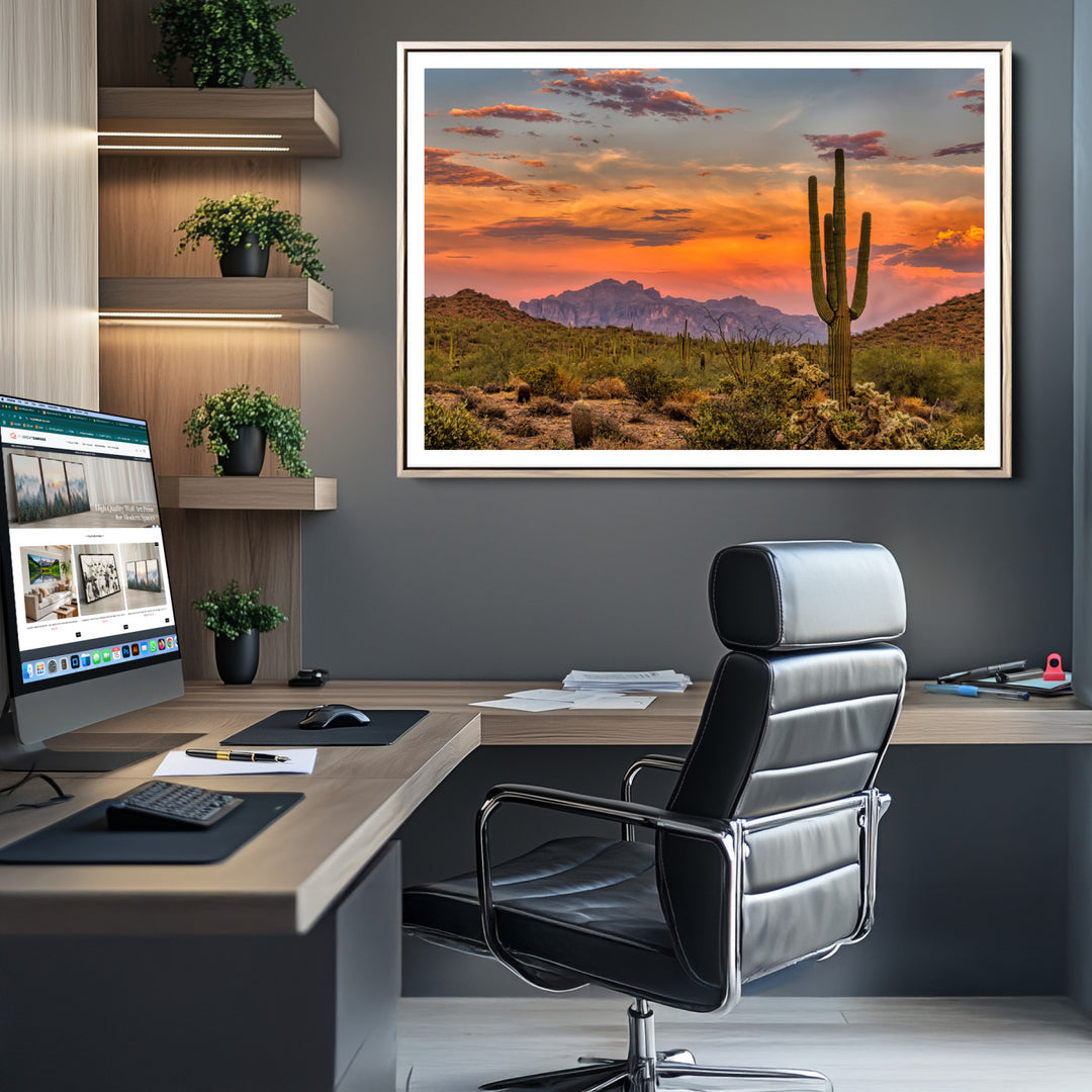 25332783-MGC-FP-36x24_Natural-Saguaro Cactus Wall Art Canvas Print, Arizona Sunset Print, Framed Sonoran Desert Art Print, Large Vibrant Landscape Printing