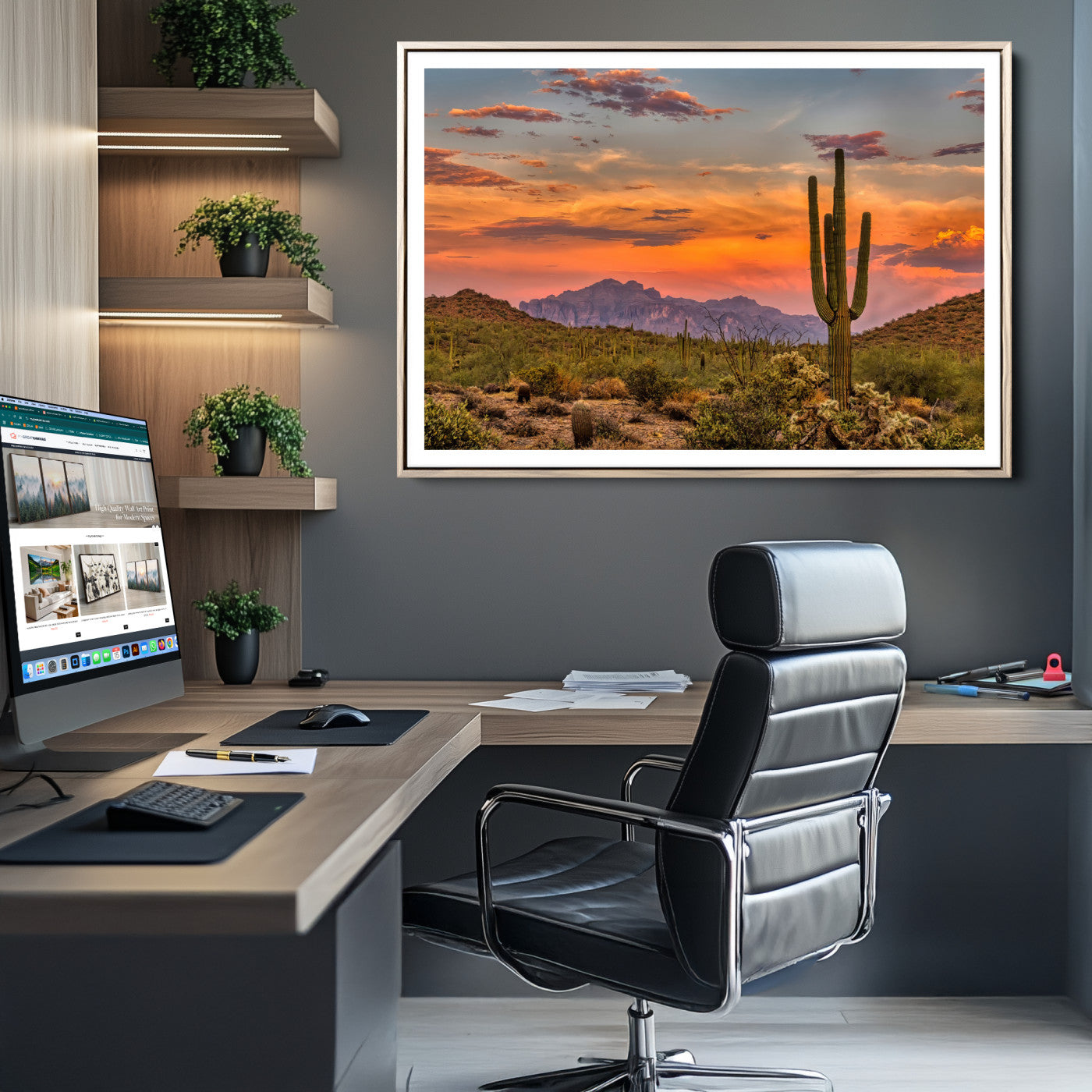 25332783-MGC-FP-36x24_Natural-Saguaro Cactus Wall Art Canvas Print, Arizona Sunset Print, Framed Sonoran Desert Art Print, Large Vibrant Landscape Printing