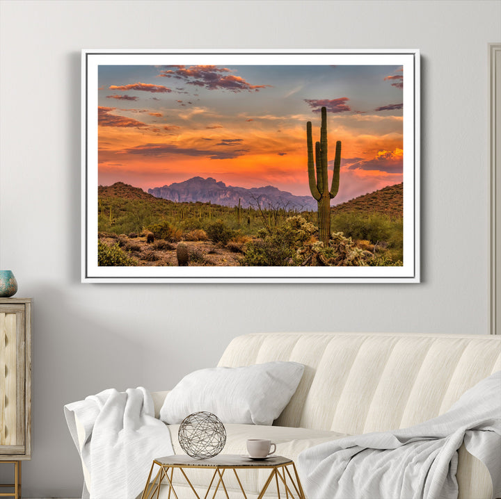 25332783-MGC-FP-36x24_White-Saguaro Cactus Wall Art Canvas Print, Arizona Sunset Print, Framed Sonoran Desert Art Print, Large Vibrant Landscape Printing