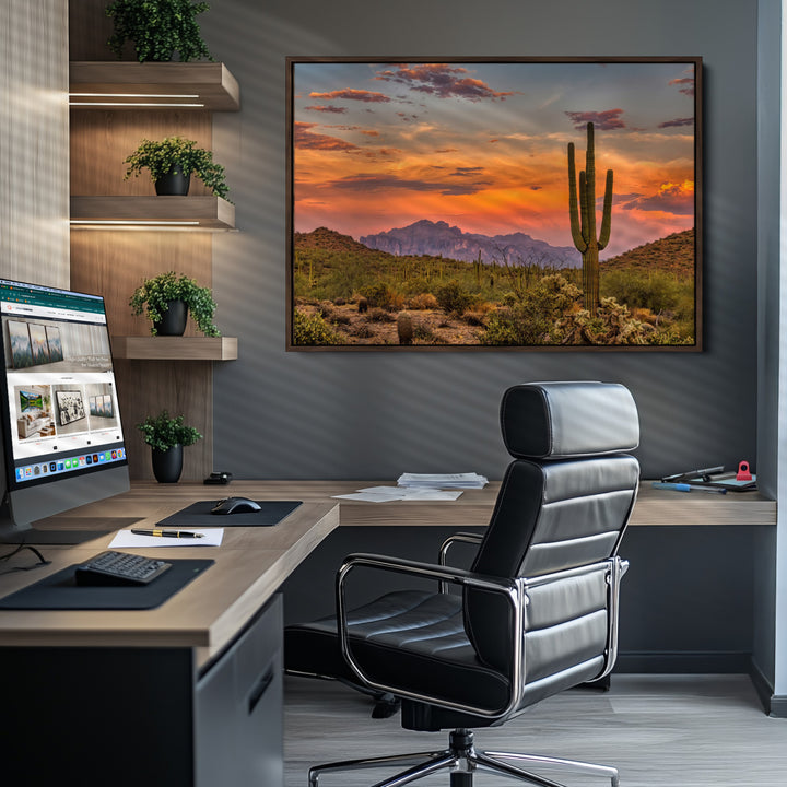 Saguaro Cactus Wall Art Canvas Print, Arizona Sunset Print, Framed Sonoran Desert Art Print, Large Vibrant Landscape Printing