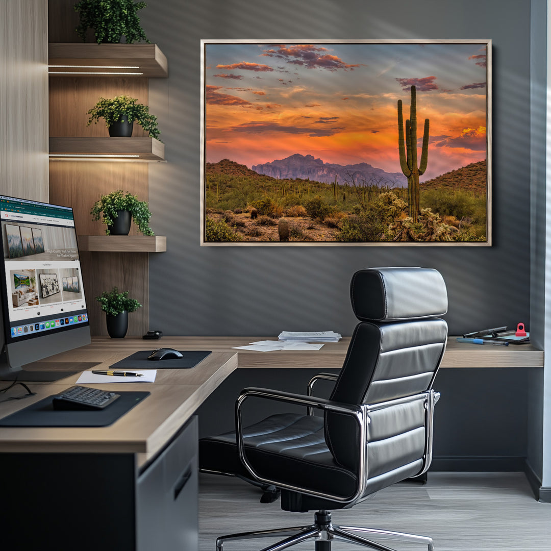 Saguaro Cactus Wall Art Canvas Print, Arizona Sunset Print, Framed Sonoran Desert Art Print, Large Vibrant Landscape Printing