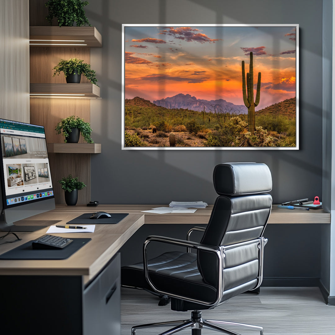 Saguaro Cactus Wall Art Canvas Print, Arizona Sunset Print, Framed Sonoran Desert Art Print, Large Vibrant Landscape Printing