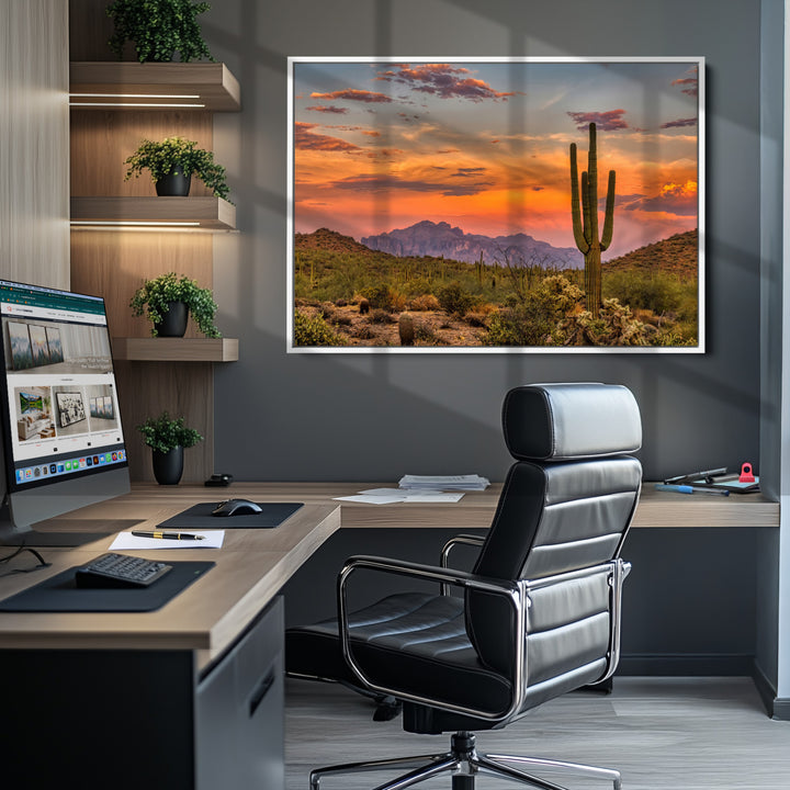 Saguaro Cactus Wall Art Canvas Print, Arizona Sunset Print, Framed Sonoran Desert Art Print, Large Vibrant Landscape Printing