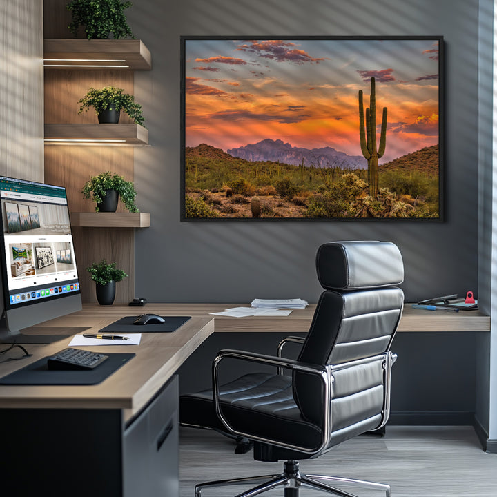 Saguaro Cactus Wall Art Canvas Print, Arizona Sunset Print, Framed Sonoran Desert Art Print, Large Vibrant Landscape Printing