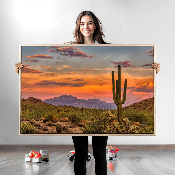 Saguaro Cactus Wall Art Canvas Print, Arizona Sunset Print, Framed Sonoran Desert Art Print, Large Vibrant Landscape Printing