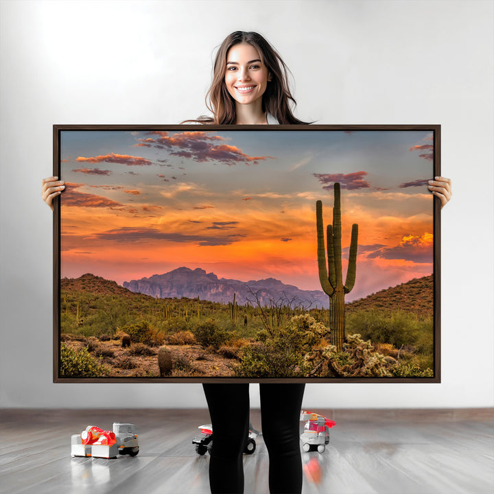 Saguaro Cactus Wall Art Canvas Print, Arizona Sunset Print, Framed Sonoran Desert Art Print, Large Vibrant Landscape Printing