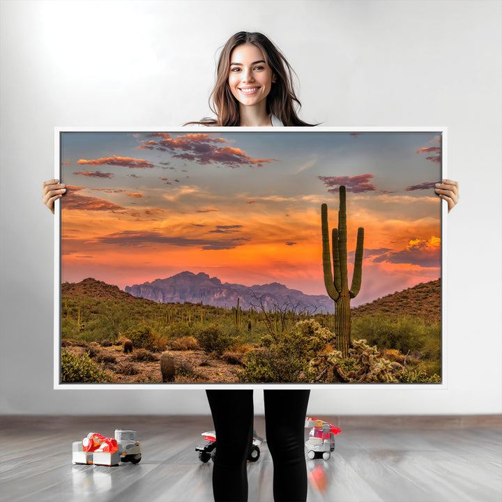 Saguaro Cactus Wall Art Canvas Print, Arizona Sunset Print, Framed Sonoran Desert Art Print, Large Vibrant Landscape Printing