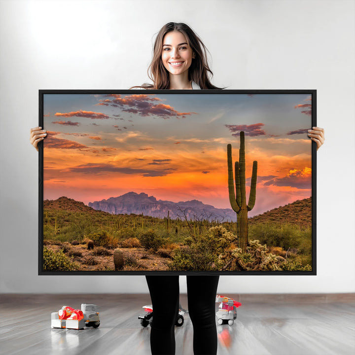 Saguaro Cactus Wall Art Canvas Print, Arizona Sunset Print, Framed Sonoran Desert Art Print, Large Vibrant Landscape Printing