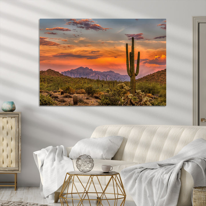 Saguaro Cactus Wall Art Canvas Print, Arizona Sunset Print, Framed Sonoran Desert Art Print, Large Vibrant Landscape Printing