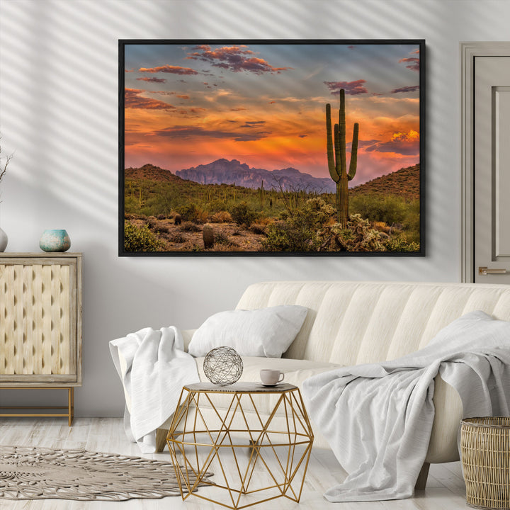 Saguaro Cactus Wall Art Canvas Print, Arizona Sunset Print, Framed Sonoran Desert Art Print, Large Vibrant Landscape Printing