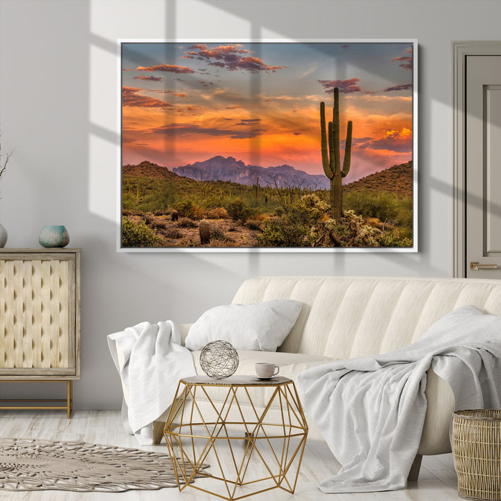 Saguaro Cactus Wall Art Canvas Print, Arizona Sunset Print, Framed Sonoran Desert Art Print, Large Vibrant Landscape Printing