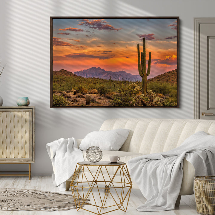 Saguaro Cactus Wall Art Canvas Print, Arizona Sunset Print, Framed Sonoran Desert Art Print, Large Vibrant Landscape Printing