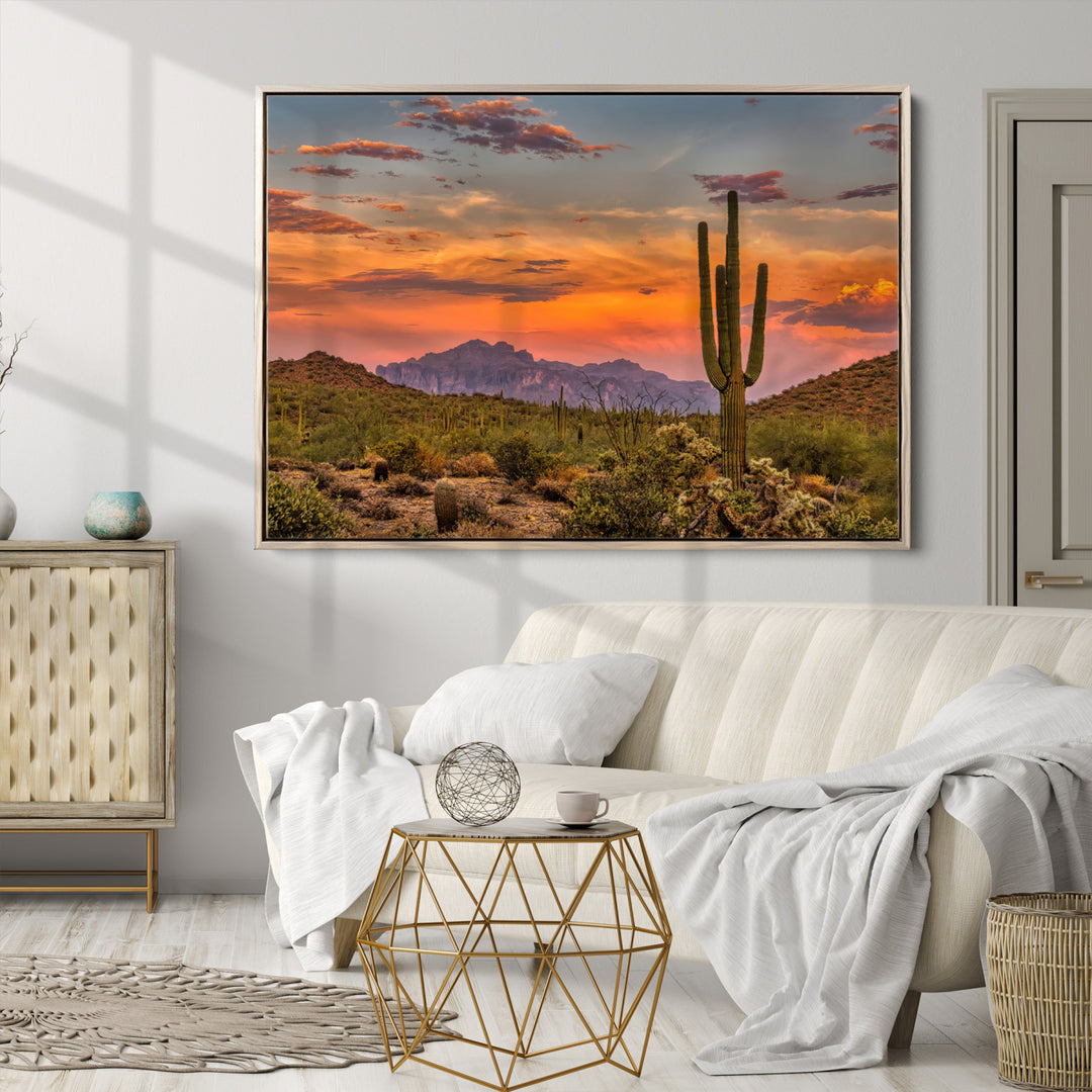 Saguaro Cactus Wall Art Canvas Print, Arizona Sunset Print, Framed Sonoran Desert Art Print, Large Vibrant Landscape Printing